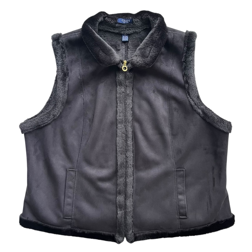 Chaps Womens Sz 2X Black Faux Suede Faux Fur Pile Gold Zip Front Sleeveless Vest
